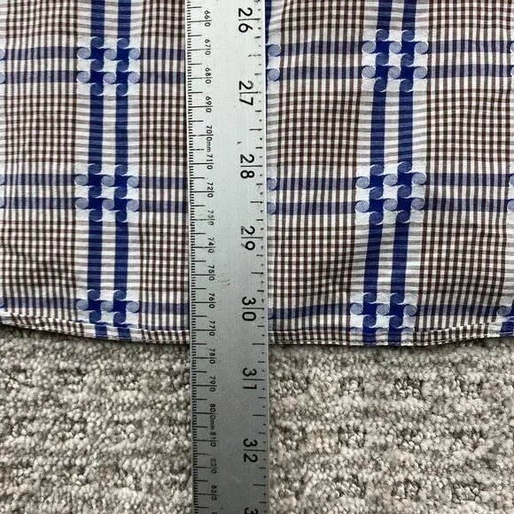BUGATCHI UOMO Shirt Men Medium M Brown Blue Checkered Button Up Long Sleeve Polo - Picture 8 of 8